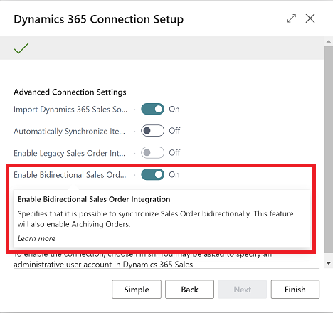 Shows new Enable Bidirectional Sales Order Integration option in Dynamics 365 Connection Setup guide