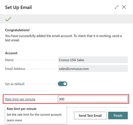 Shows new Rate limit per minute field in Set Up Email assisted setup guide.