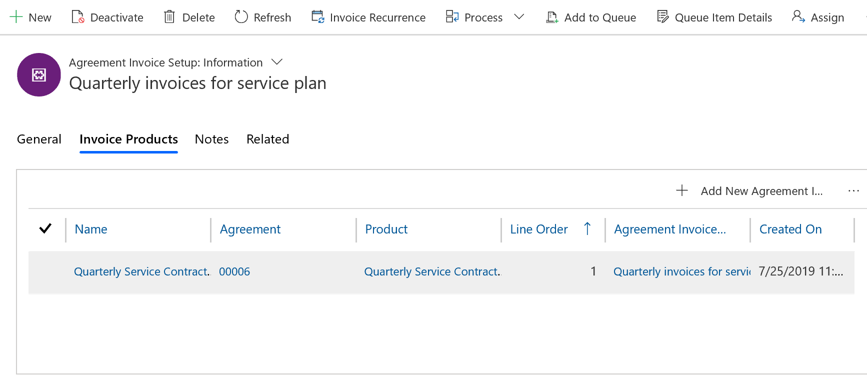 Screenshot of an agreement invoice setup on the invoice products tab.