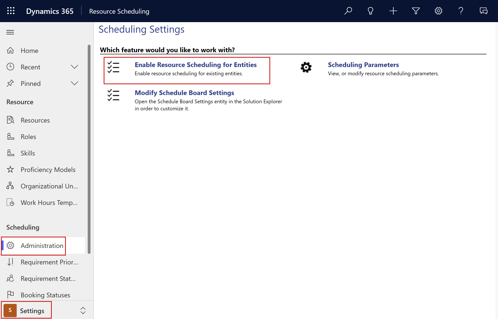 Screenshot of scheduling settings showing the Enable Resource Scheduling for Entities option.