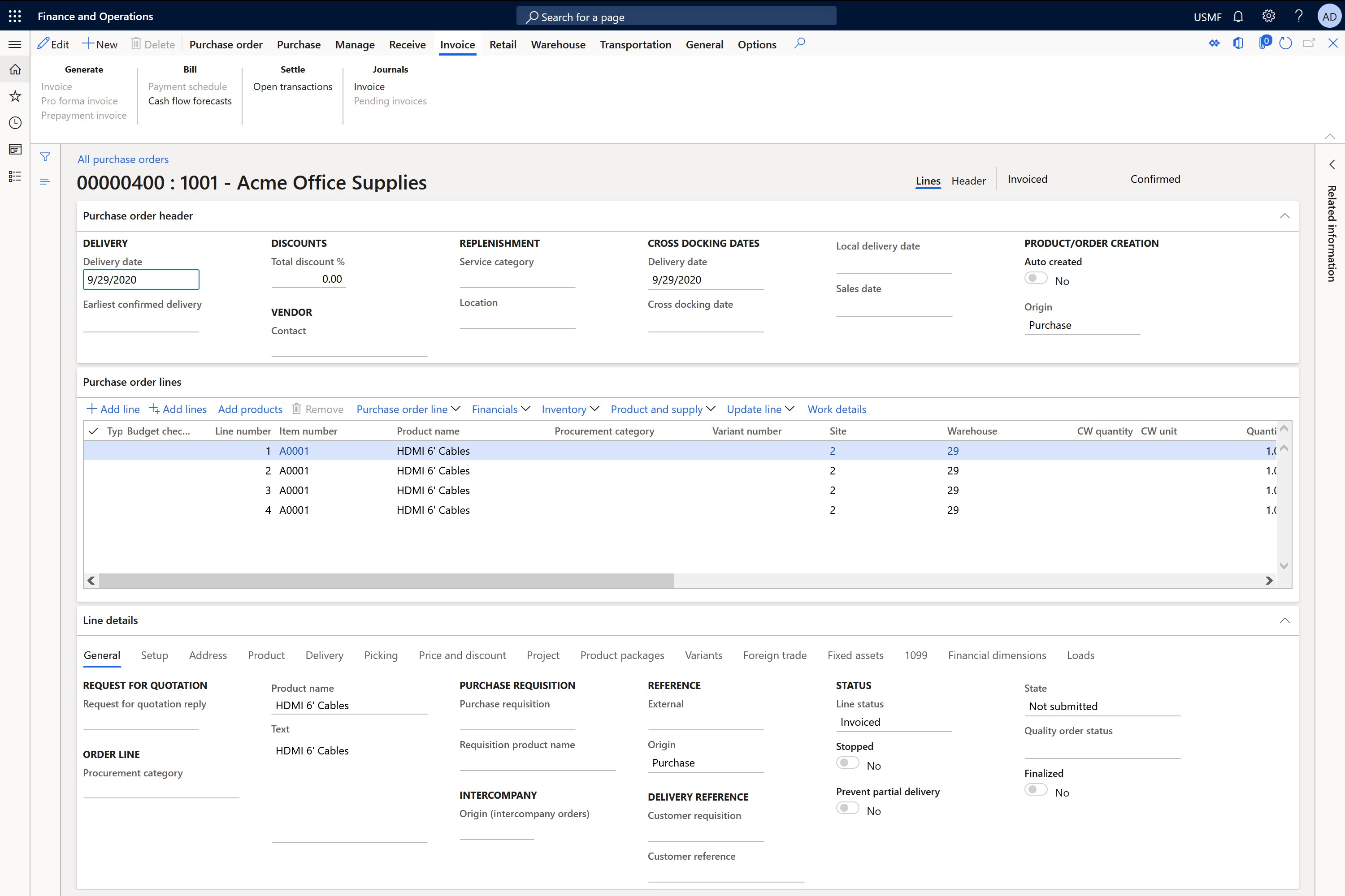 Screenshot of purchase order form in supply chain management.