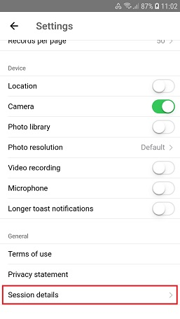 Settings menu screenshot, session details is under the general category.