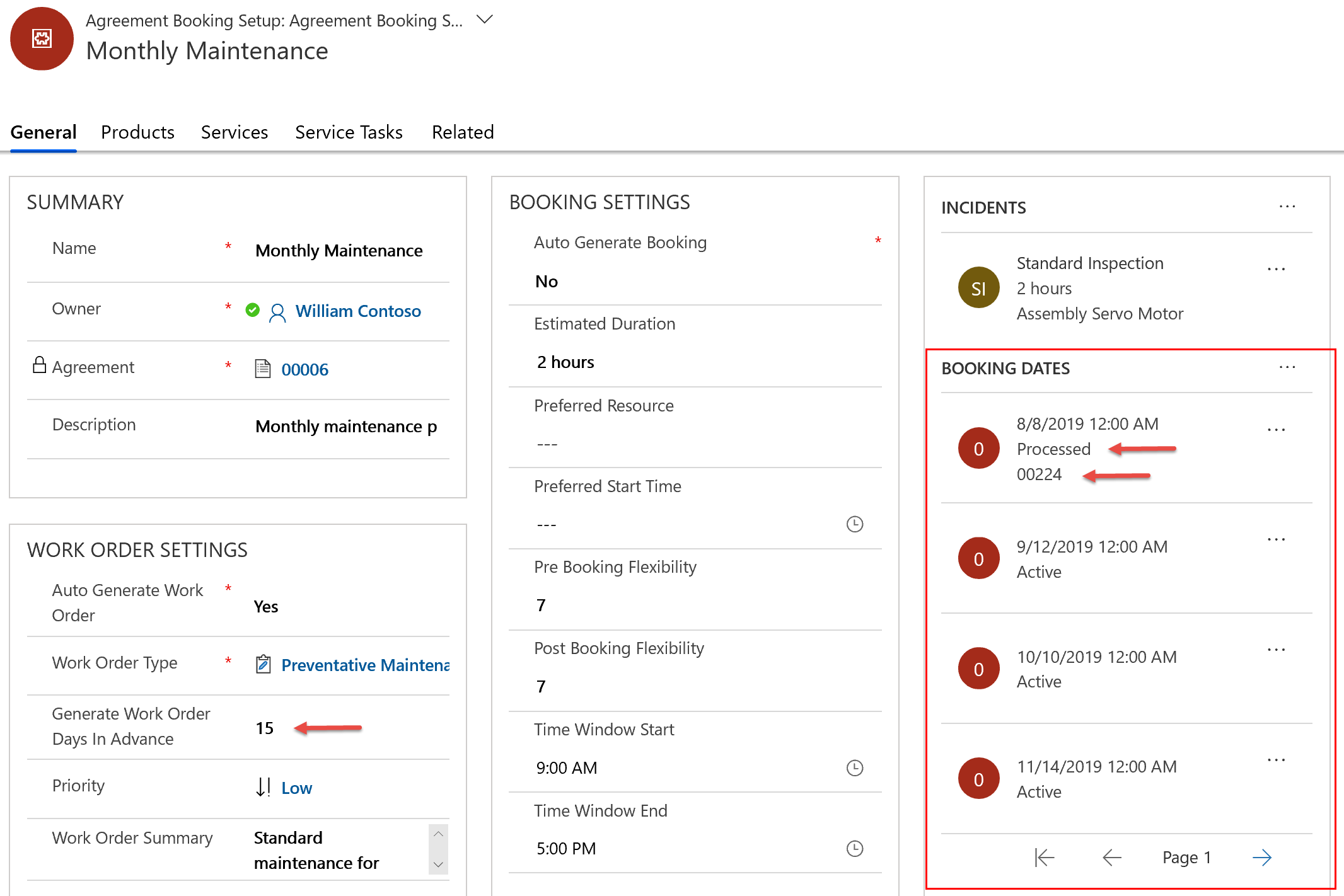 Screenshot of the agreement booking setup, showing the processed booking dates.