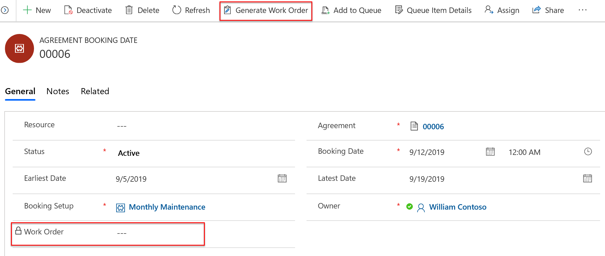 Screenshot of an agreement booking date, with focus on the Generate Work Order option.