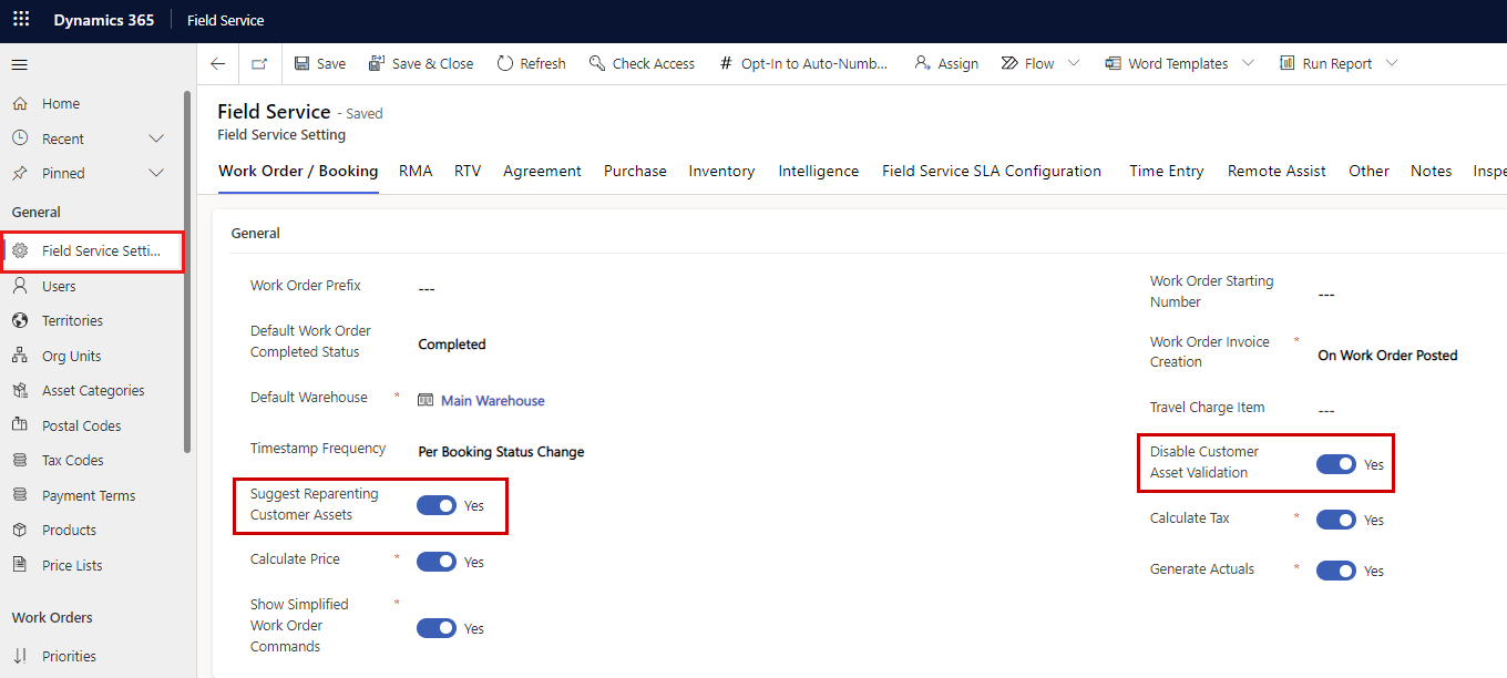 Screenshot of the Field Service settings page.