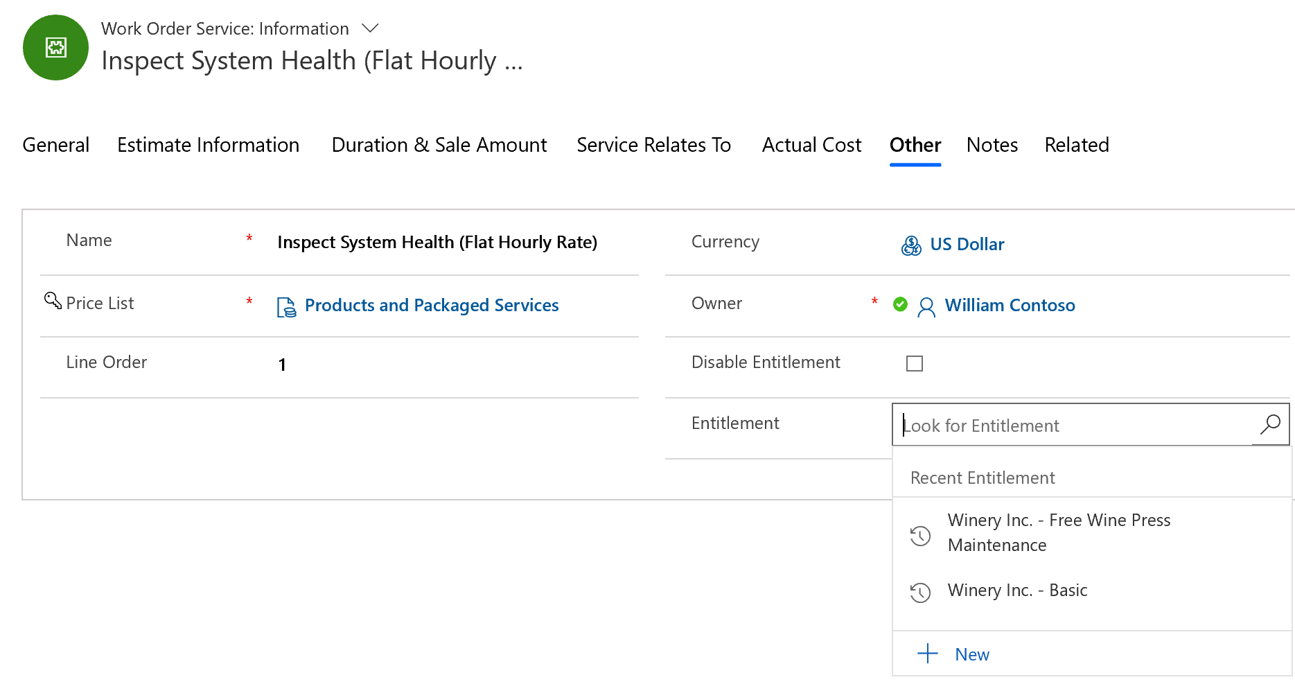 Screenshot of 2 entitlements to choose from for a single work order product.