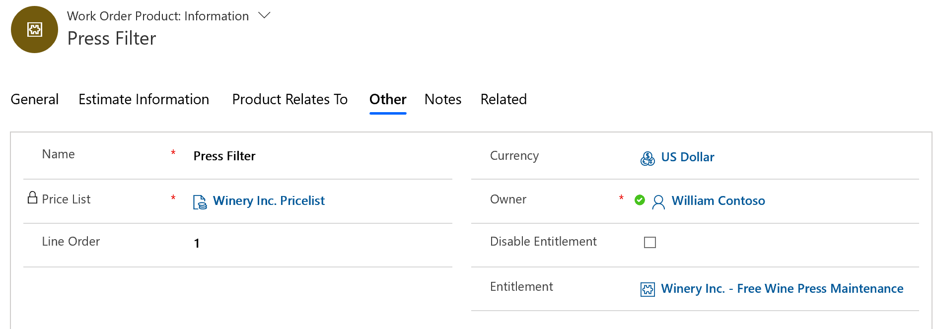 Screenshot of entitlement applied to the work order product.