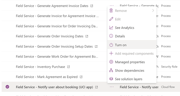 Power Apps showing the flow called Field Service – Notify user about booking (UCI app).