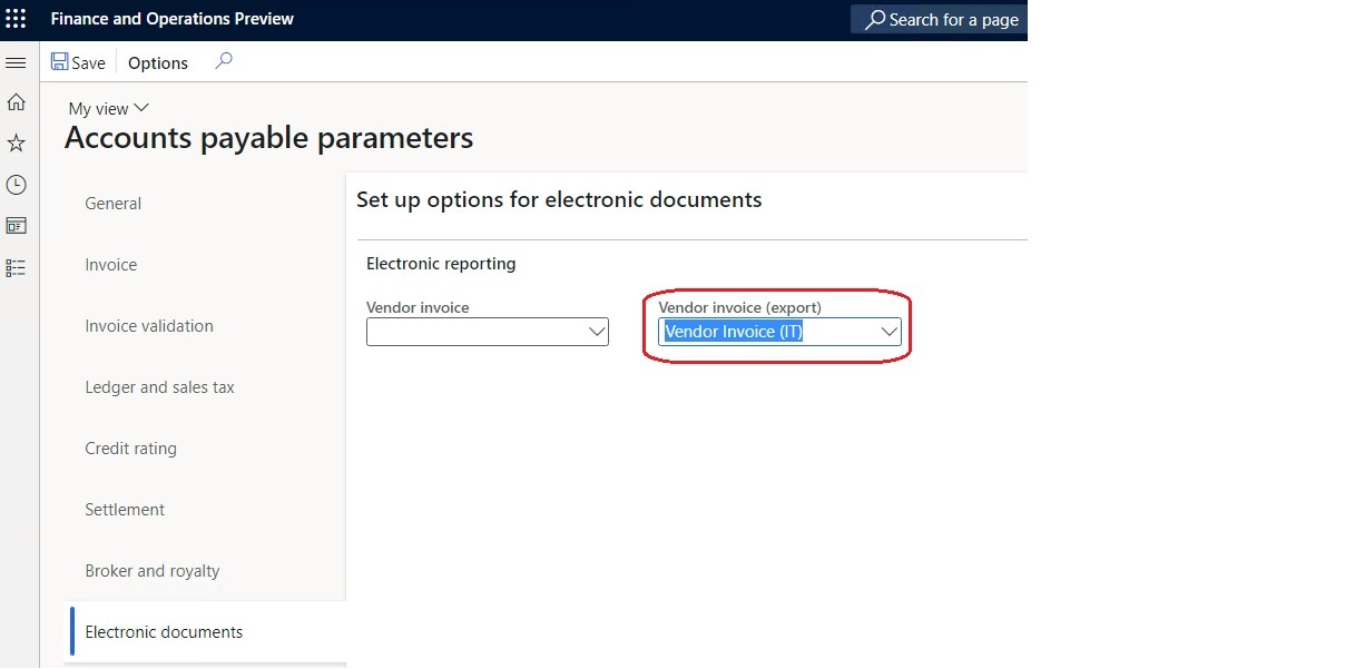 Vendor invoice (export) field set on the Electronic documents tab of the Accounts payable parameters page.