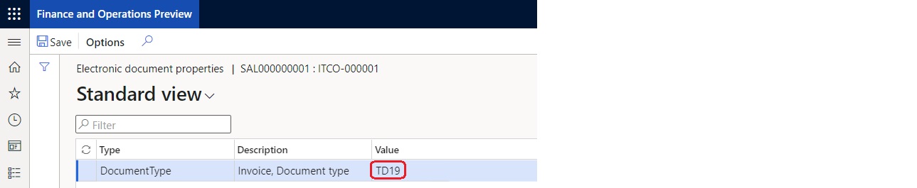 Invoice type value entered on the Electronic document properties page.