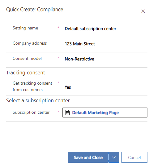 Screenshot of the subscription center compliance profile quick create pane.