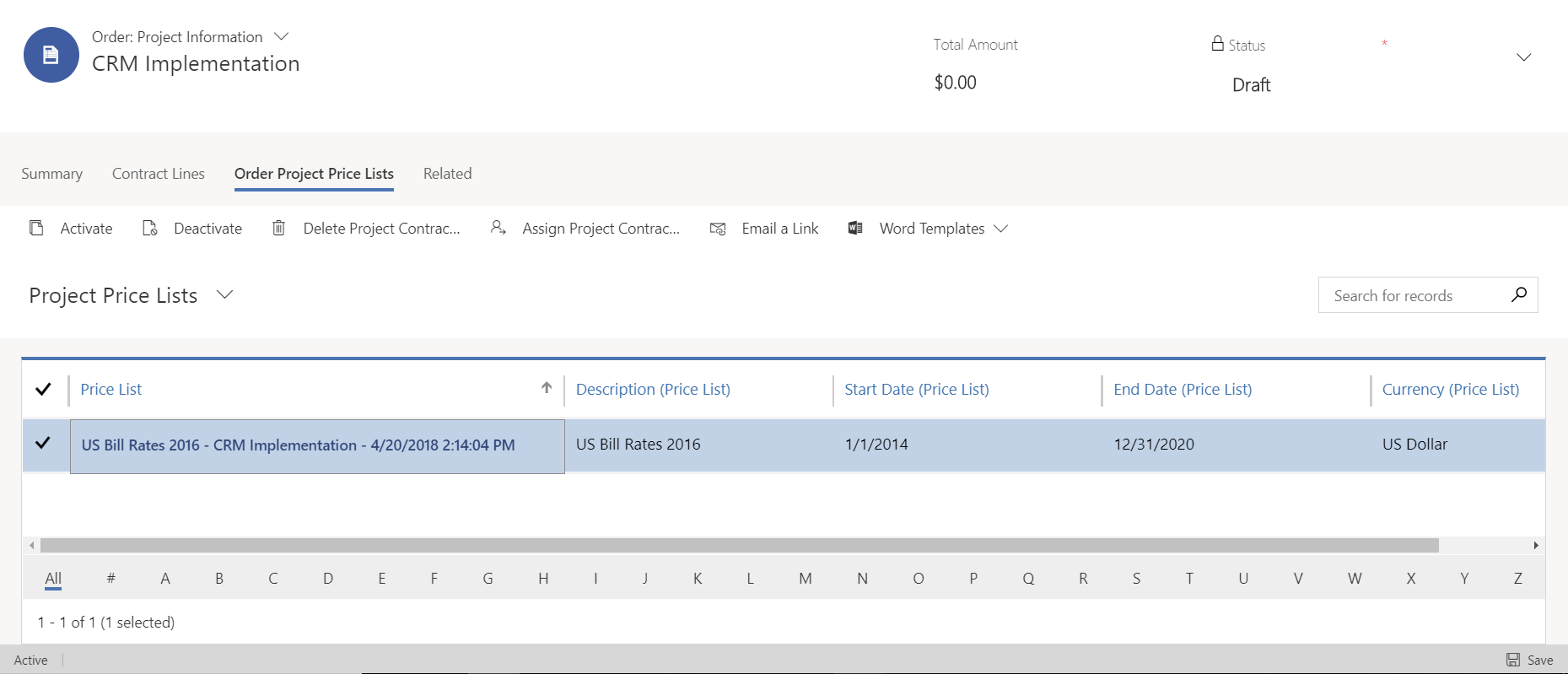 Viewing and configuring custom pricing for a project contract.