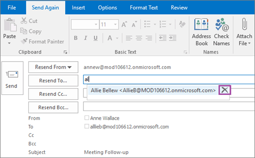 Screenshot shows the Send Again option for an email message. In the Resend to field, the AutoComplete feature provides the email address for the recipient based on the first few letters typed of the recipient's name.