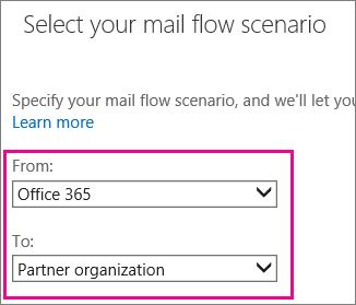 Screenshot that shows Microsoft 365 and Office 365 to partner organization connector options.