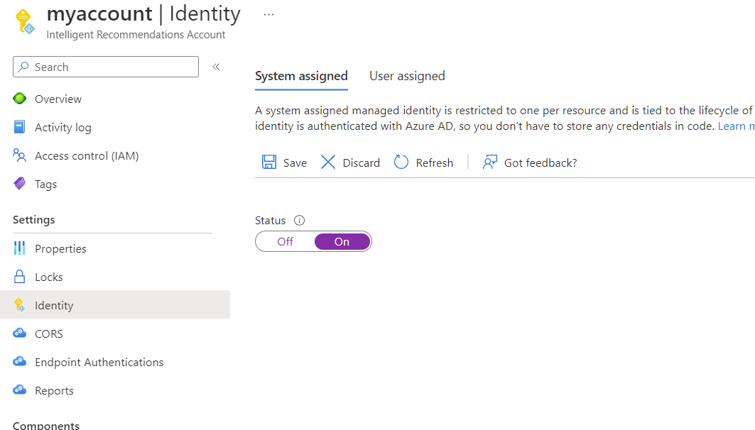  System assigned identity status on IR account.