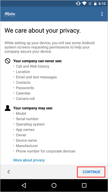Screenshot of Company Portal, We care about your privacy screen, highlighting the Continue button.