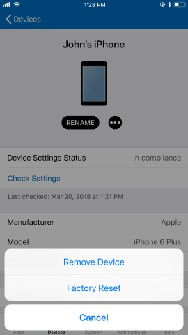 Screenshot of the Company Portal app Devices screen, showing options after user has clicked Remove. Shows "Remove Device" button, "Factory Reset" button, and "Cancel" button.