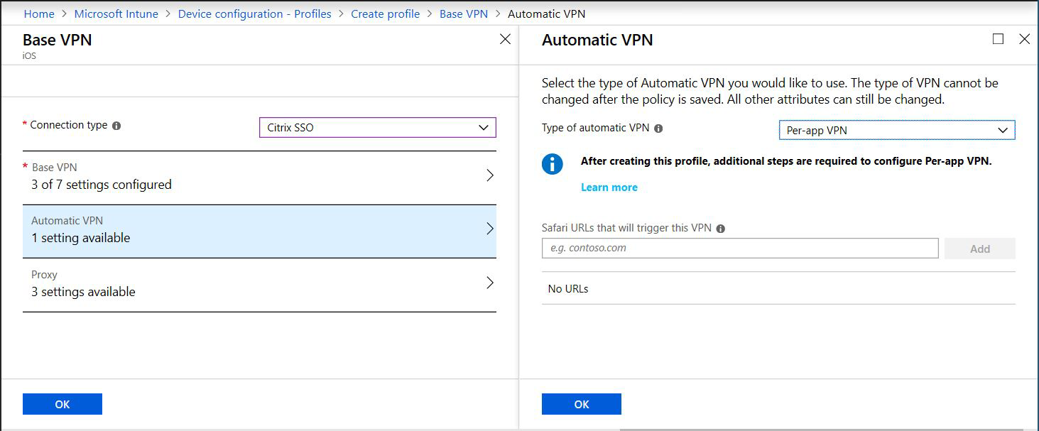 Screenshot that shows the Automatic VPN set to per-app VPN on iOS/iPadOS devices in Microsoft Intune.