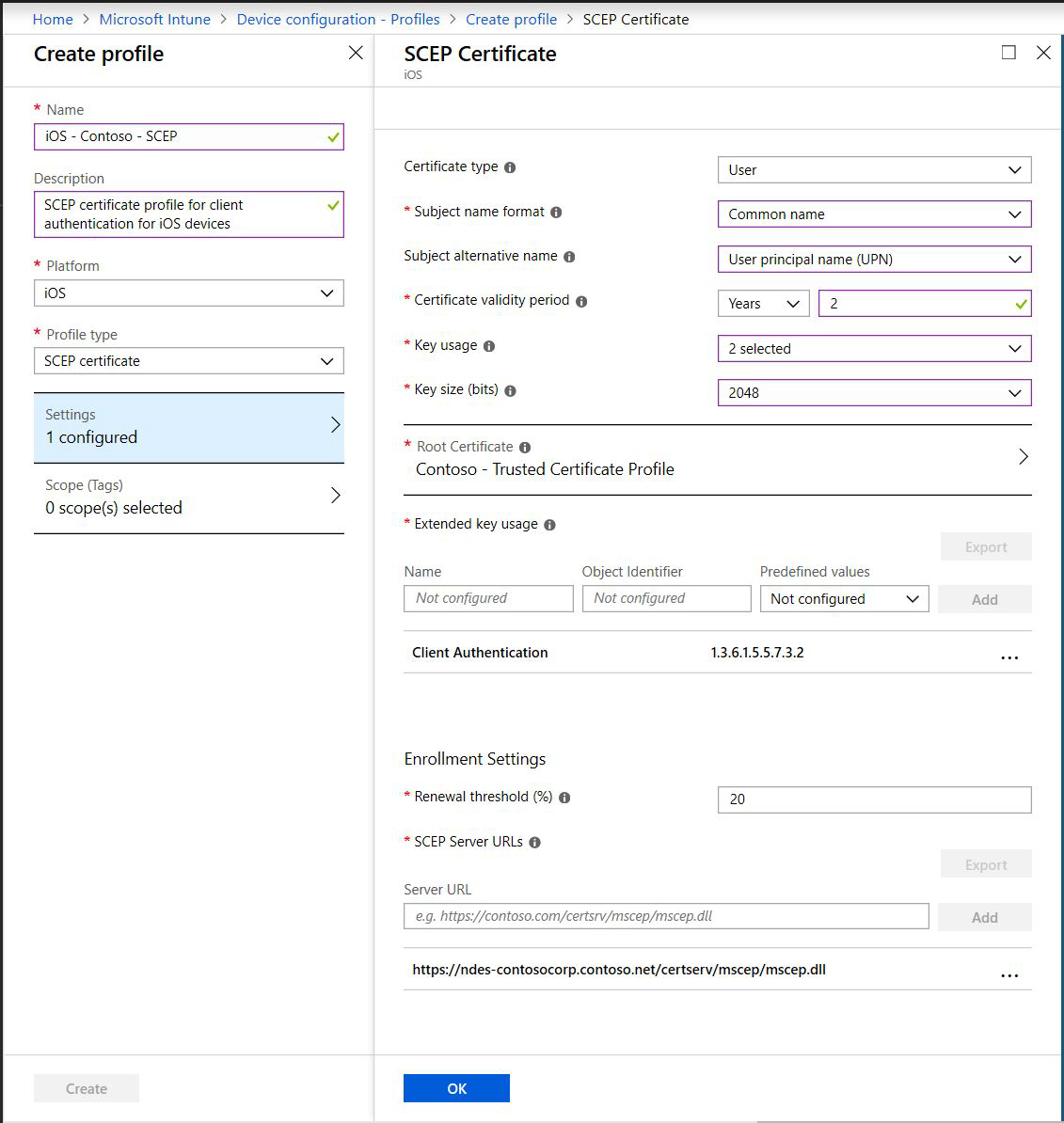 Create a SCEP certificate profile in Microsoft Intune and Intune admin center. Include the subject name format, key usage, extended key usage, and more.