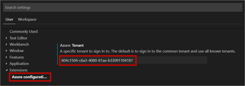 Add tenant ID to Visual Studio Code Azure extension configuration.