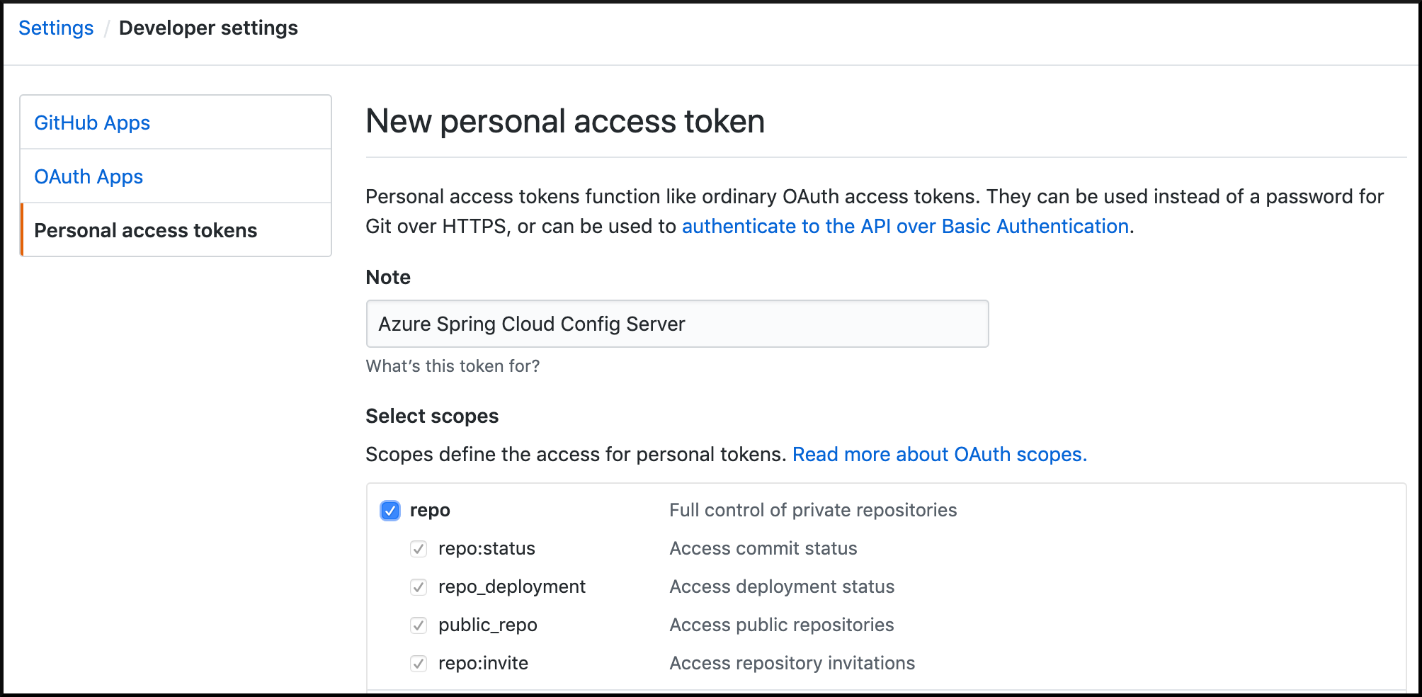 Screenshot that shows the GitHub personal access token settings.
