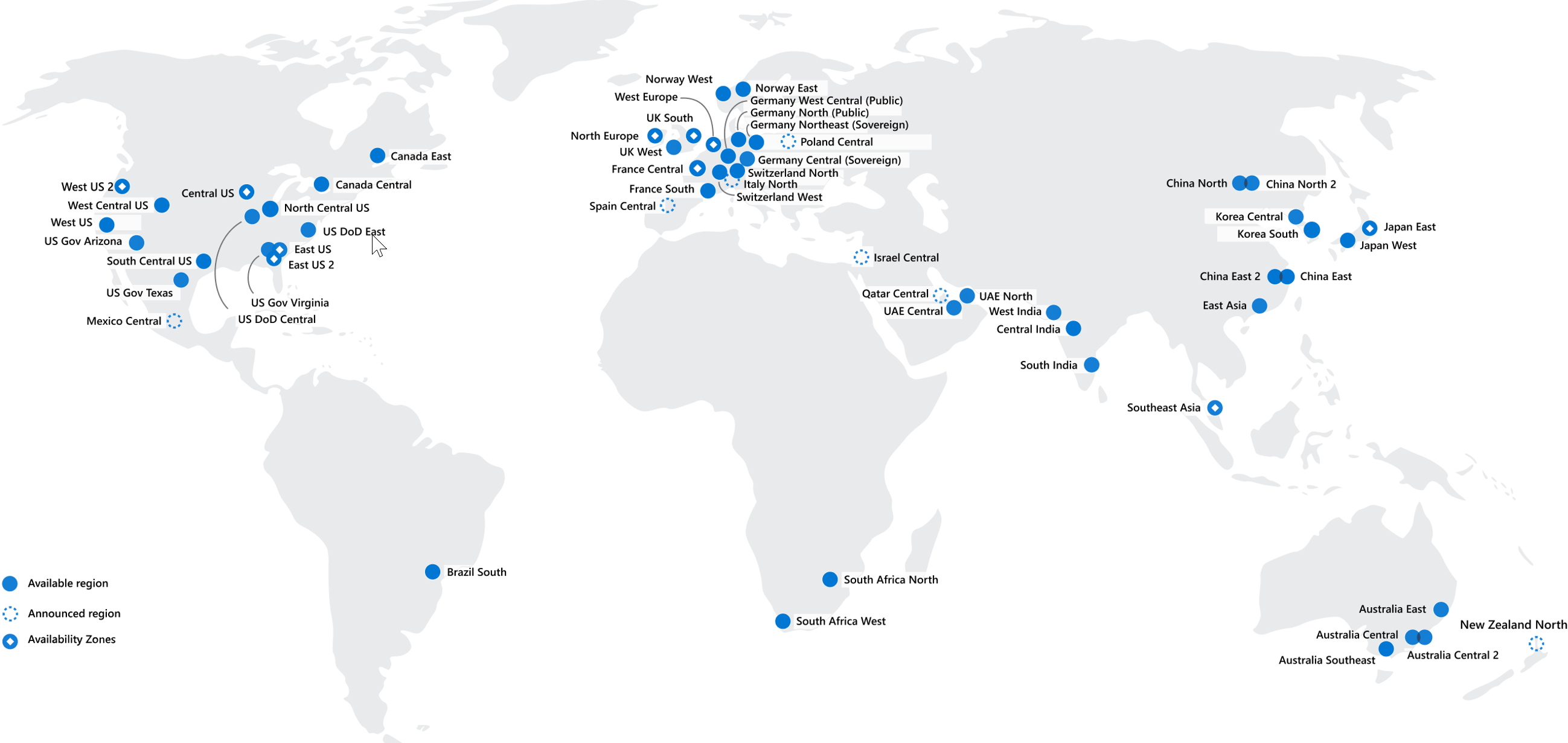 Global map of available Azure regions as of June 2020.