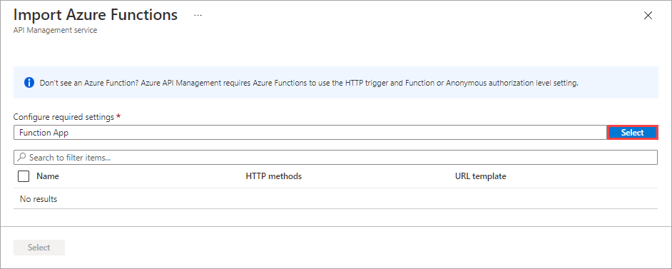 Screenshot of the Import Azure Functions dialog box with Configure required settings field and Select button highlighted.