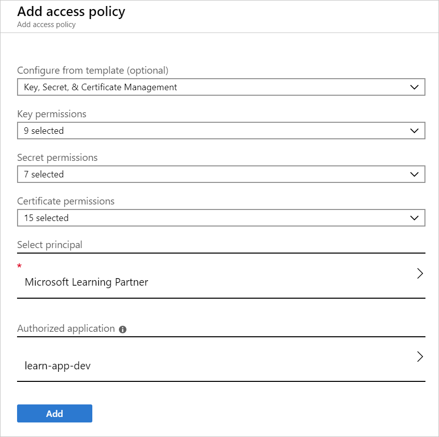 Screenshot showing the Add KeyVault policy screen in the Azure portal.