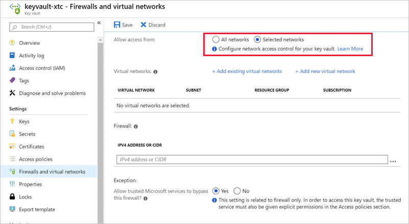 Screenshot showing the network rules for a KeyVault in the Azure portal.