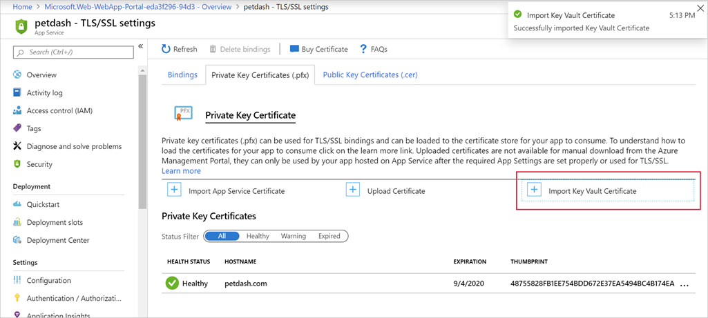 Screenshot of the Azure portal where you can load a Key Vault certificate to an Azure App Service web app.