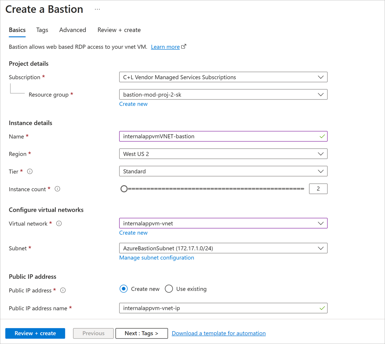 Screenshot of the Create a Bastion page with fields filled out by default, like Azure Bastion resource name, subnet, and create public IP address.