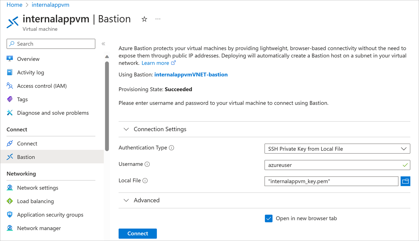 Screenshot of the Azure Bastion connection page with the user name and local file fields populated.