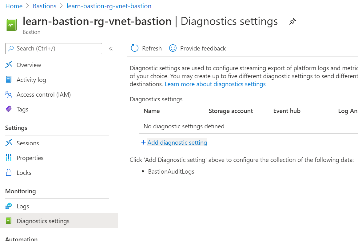Screenshot that shows the Add diagnostic settings link within the Diagnostics settings page.