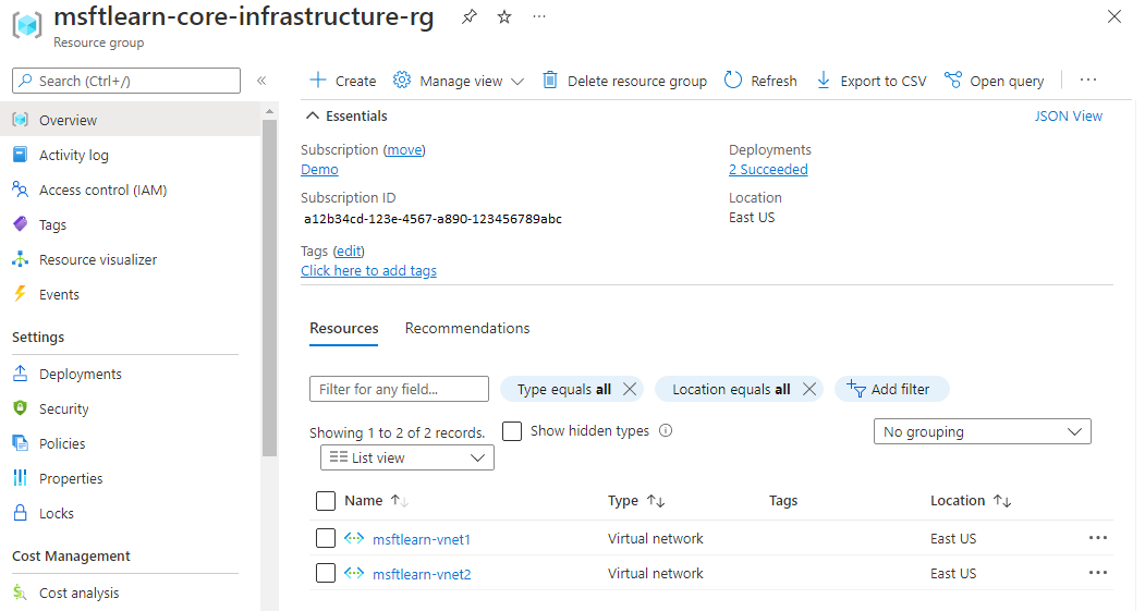 Screenshot of Azure portal showing resource group overview containing two virtual network resources.