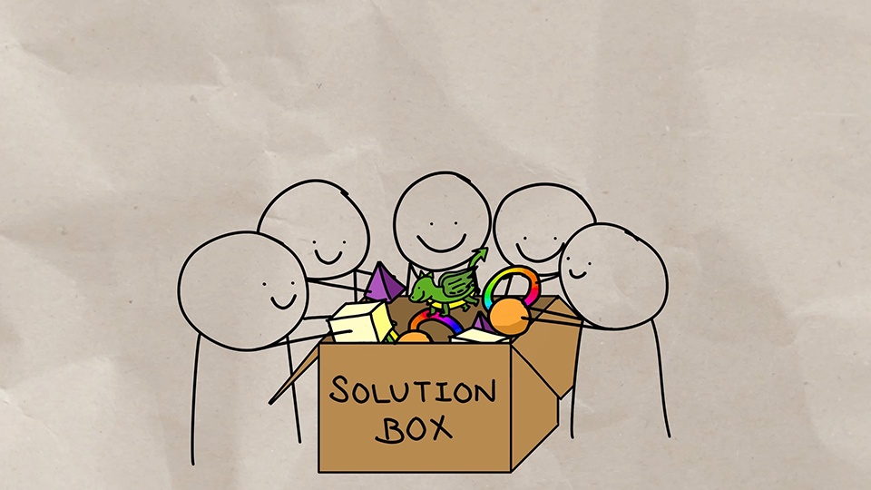 Illustration of many people contributing their ideas and specialties to a box labeled 'solution box.'