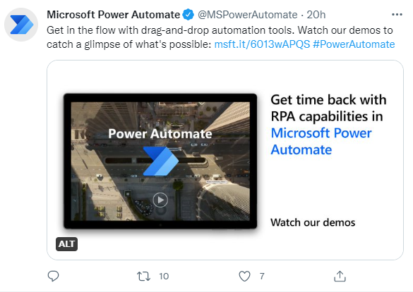 Screenshot of a Microsoft Flow Tweet with the hashtag #PowerAutomate.