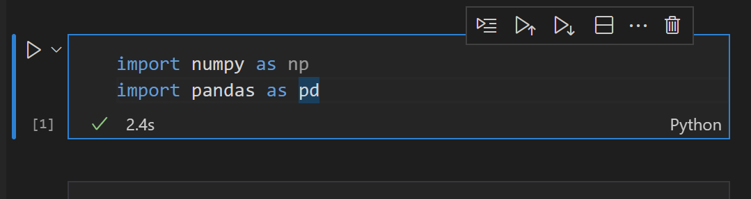 Screenshot that shows importing pandas and NumPy code in Visual Studio Code.