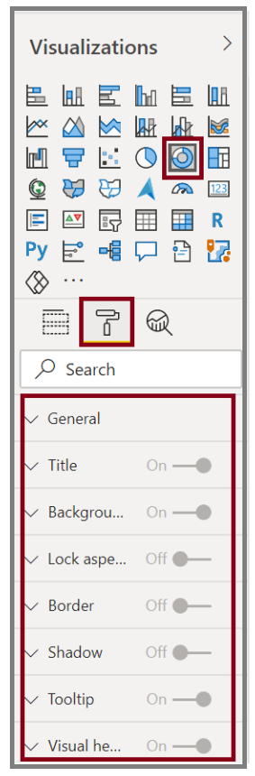 Image of a visual button on the Visualizations pane and its formatting options.