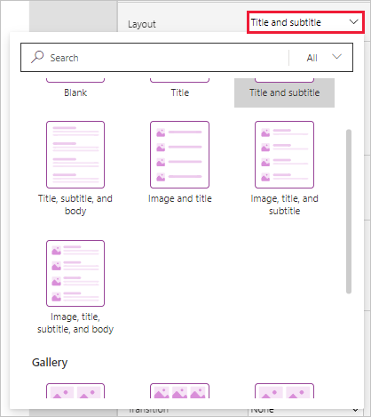 Screenshot scrolling through Layout options with the dropdown field selected.