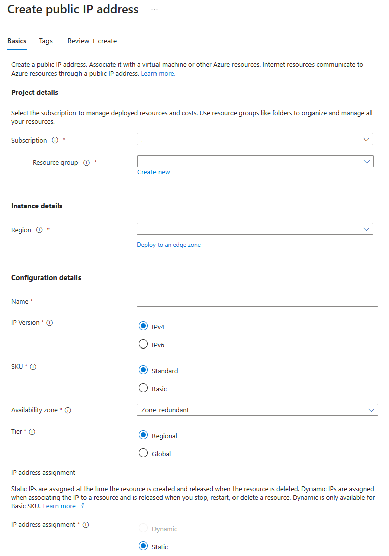Screenshot that shows how to create a public IP address in the Azure portal.