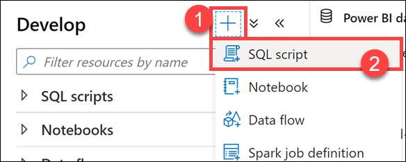 The plus button and SQL script menu item are both highlighted.