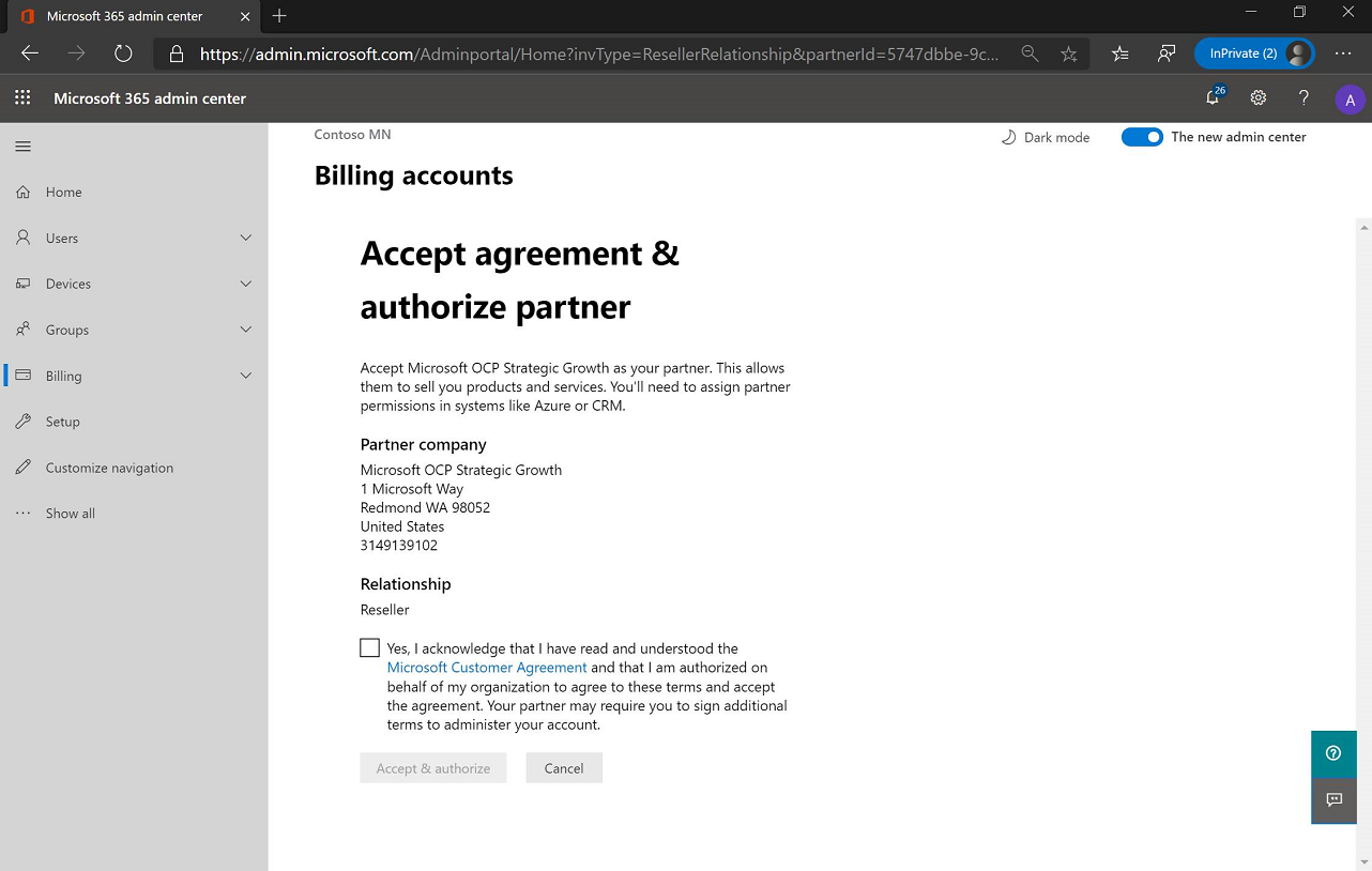 Screenshot of Accept agreement and authorize partner page.