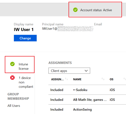 In Intune, select the user and confirm Intune license shows the green check mark for the status.