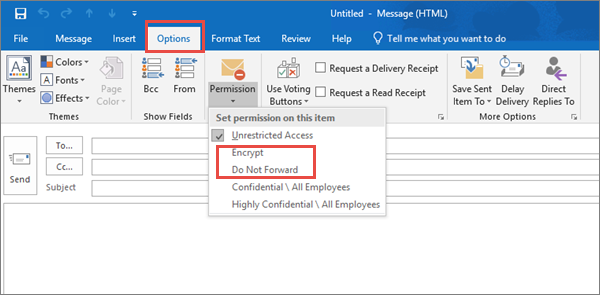 Email message encryption in Outlook.