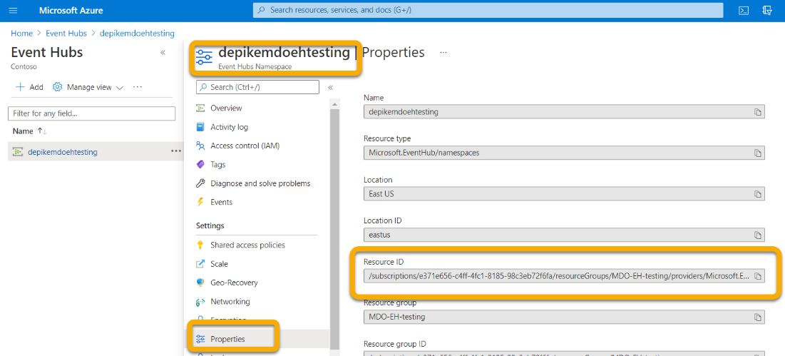 The event hubs properties section in the Microsoft Azure portal