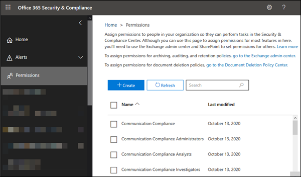The Permissions page in the Security & Compliance Center