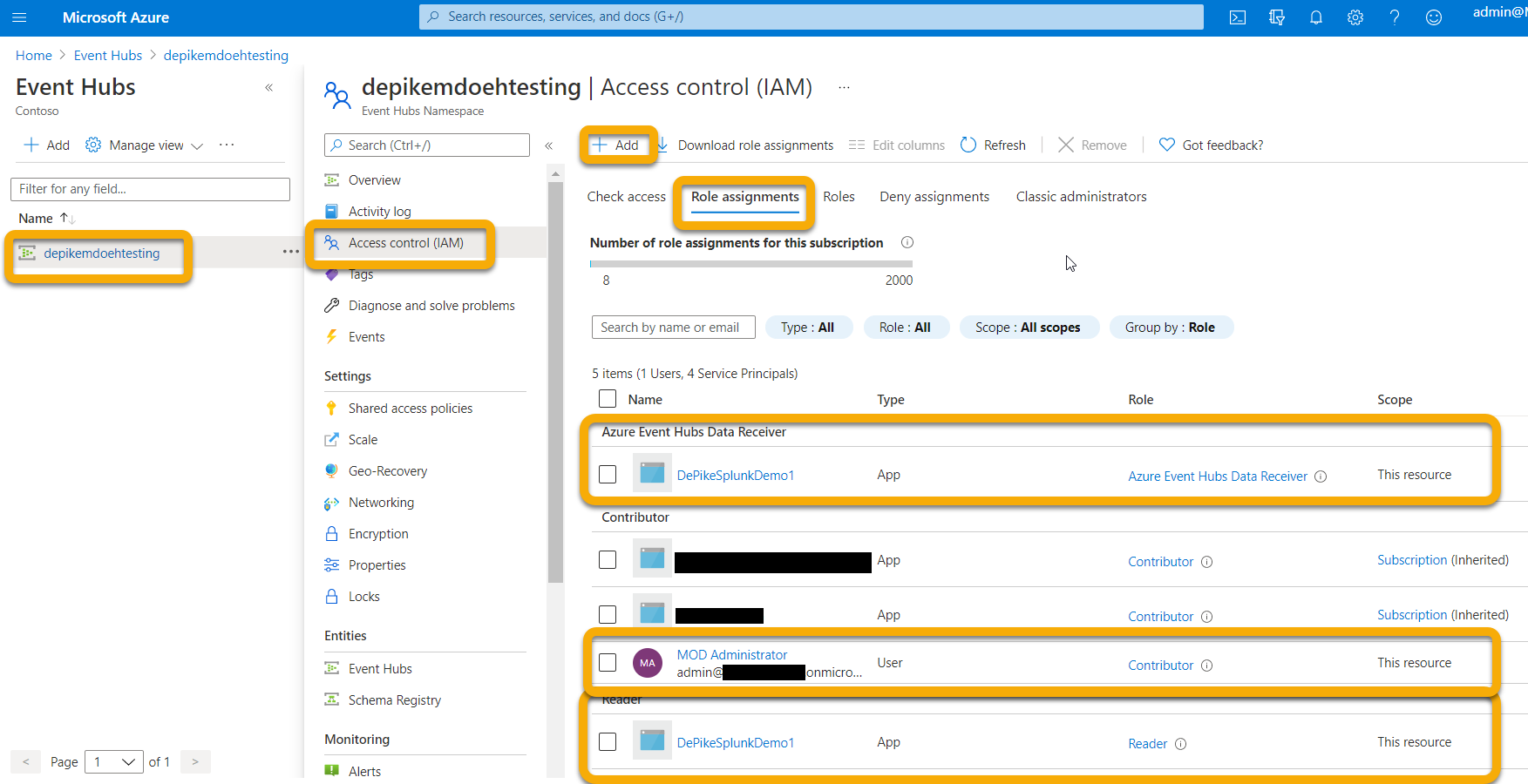 An application registration service principal section in the Microsoft Azure portal