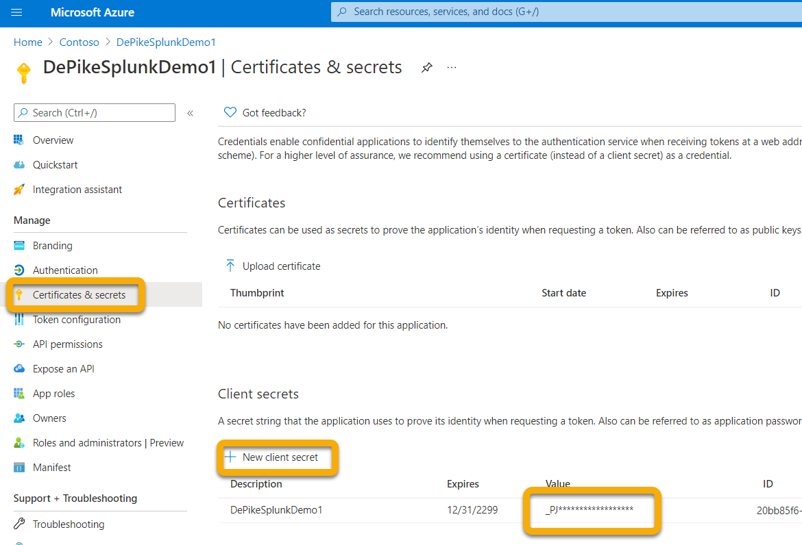 The Client secret section in the Microsoft Azure portal