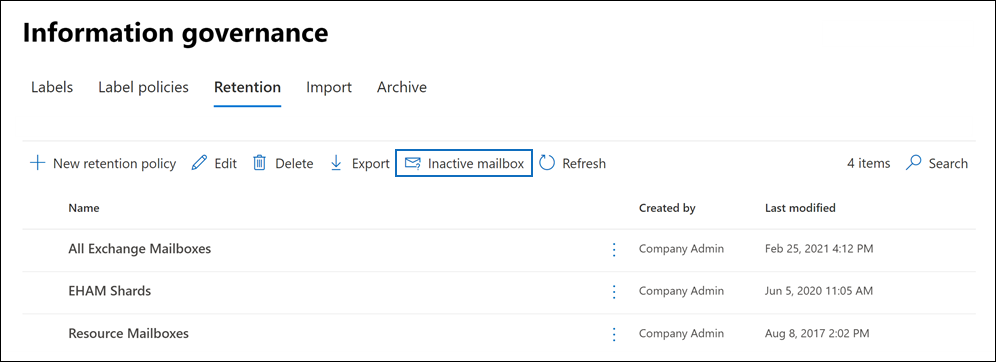 Click the Inactive Mailbox button on the Retention page.