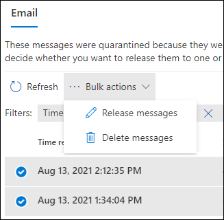 The bulk actions drop down list for messages in quarantine